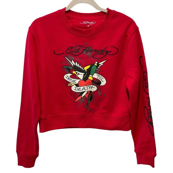 RARE Y2K Vintage Ed Hardy Red Crop Sweatshirt Rose Bird Tattoo Women’s M - Picture 2 of 8